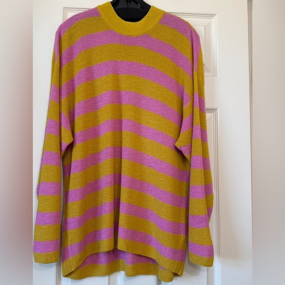 Free People Beach Malibu Oversized Striped Knit Crew Sweater Pink Mustard Size S